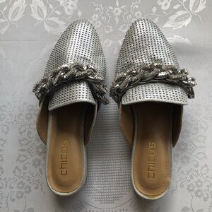 Chico’s Silver Studded Mules Slip-On Sandals Women’s Size 7M Bejeweled Low Heels